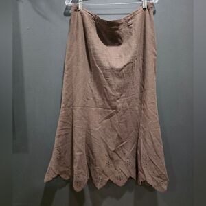 Edward Brown Midi Linen Blend Skirt Embroidered Eyelet  Witchy Hem Sz12